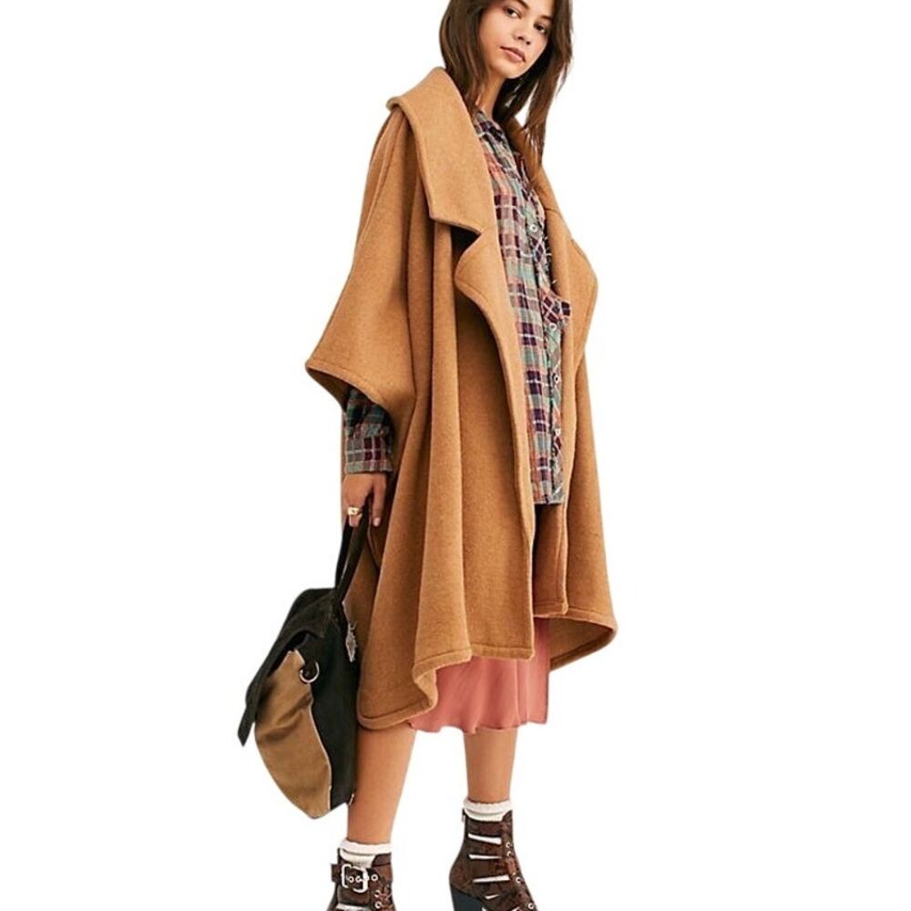 Free People (One Size) Off Duty Camel Cape Poncho Shawl Collar Boho Wrap